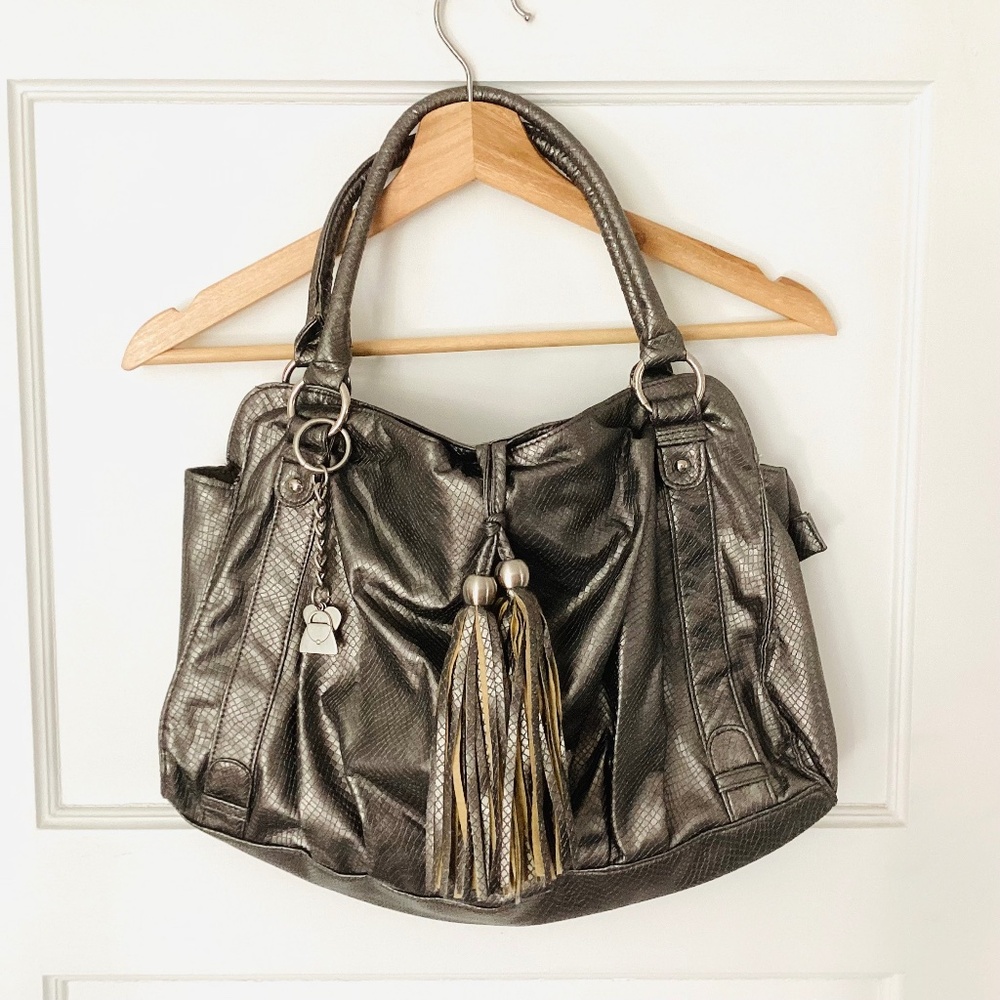 Chic By Saxoline Silver Snakeskin Hobo Y2K Bag Vegan Large Tassel Boho Charms